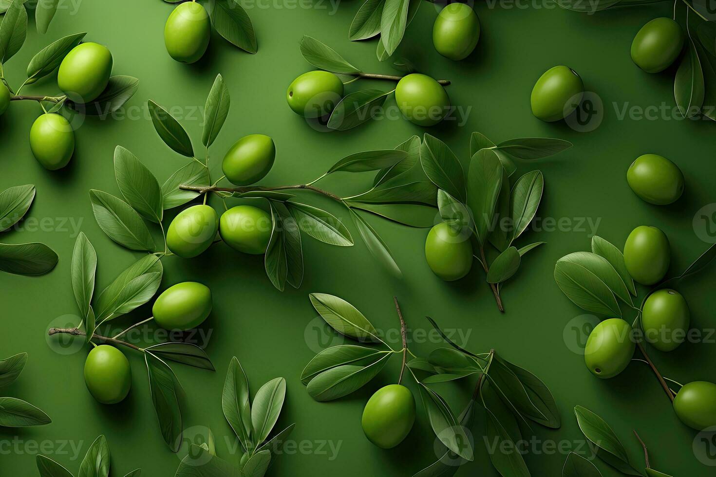 Seamless pattern with green olives with leaves background - AI Generative photo
