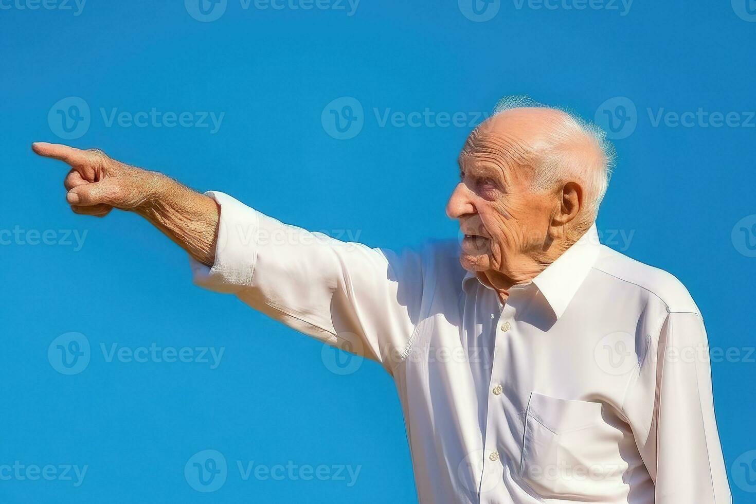 Elderly man pointing.Blue background - AI Generative photo