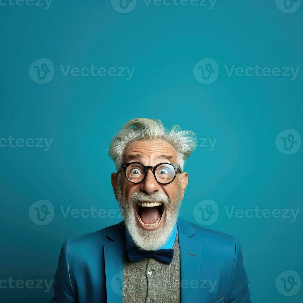 Funny elderly man on blue background with copy space - AI Generative photo