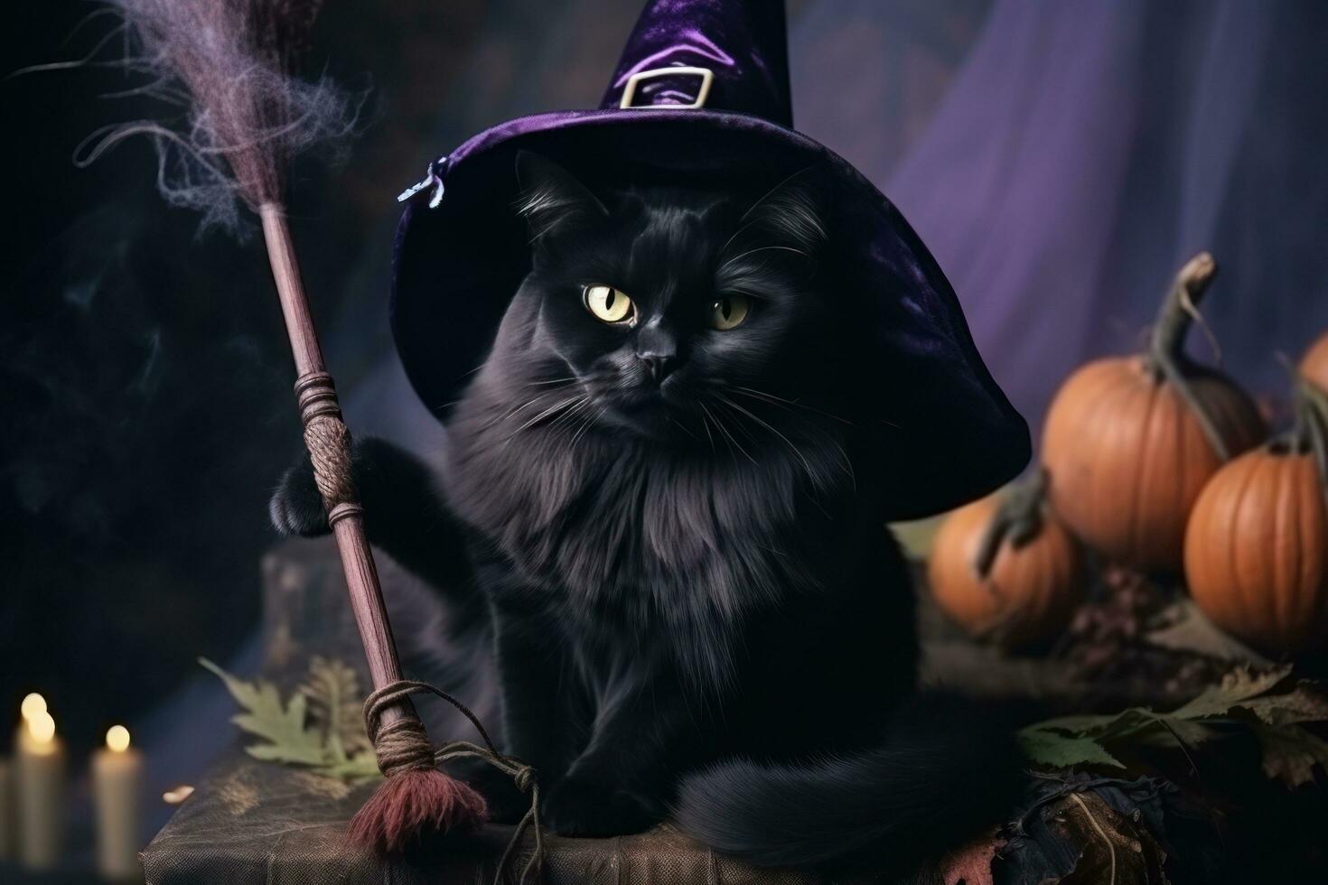 Black cat in a purple hat sits on a broomstick - photo