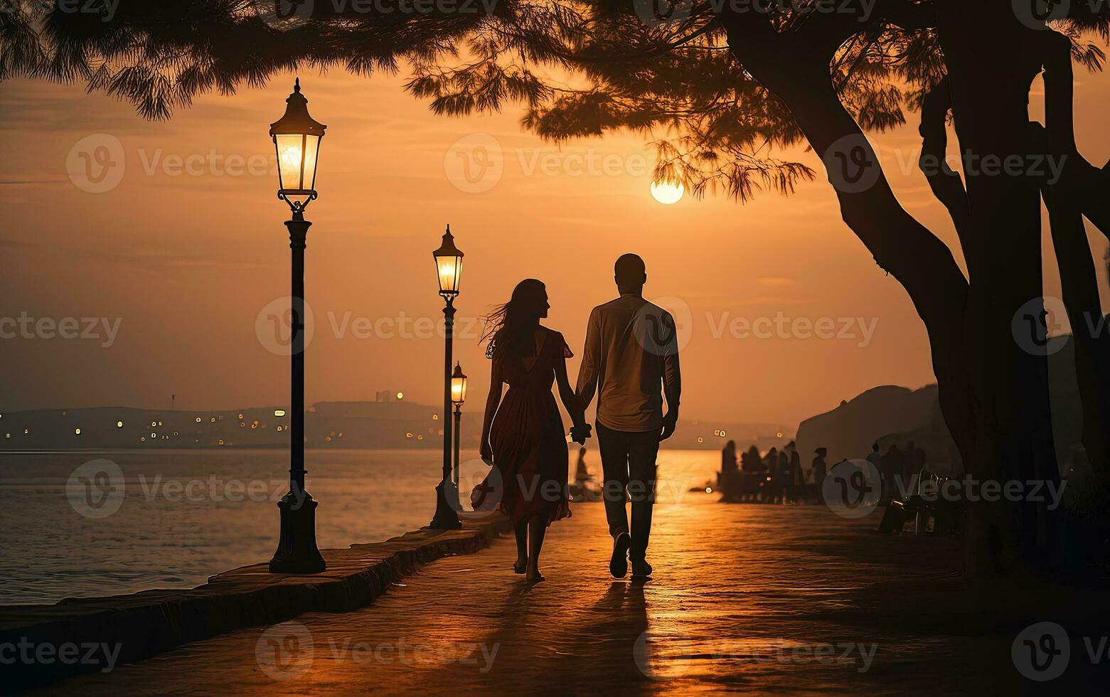 Couple walking at sunset - AI Generative photo