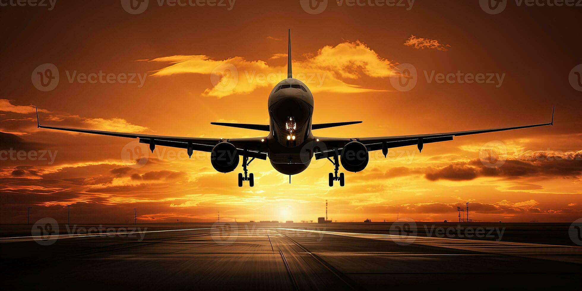 Airplane taking off at sunset - AI Generative photo