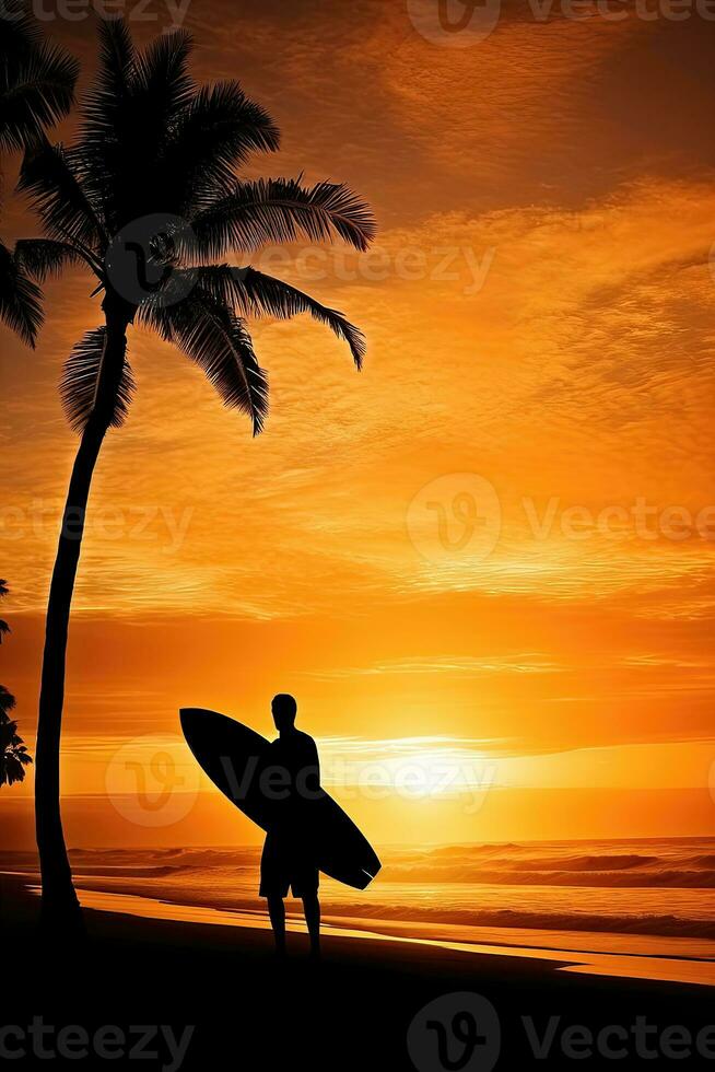 Surfer silhouette at sunset - AI Generative photo