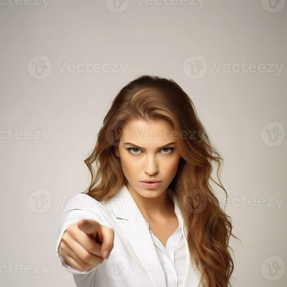 Beautiful young woman pointing - AI Generative photo