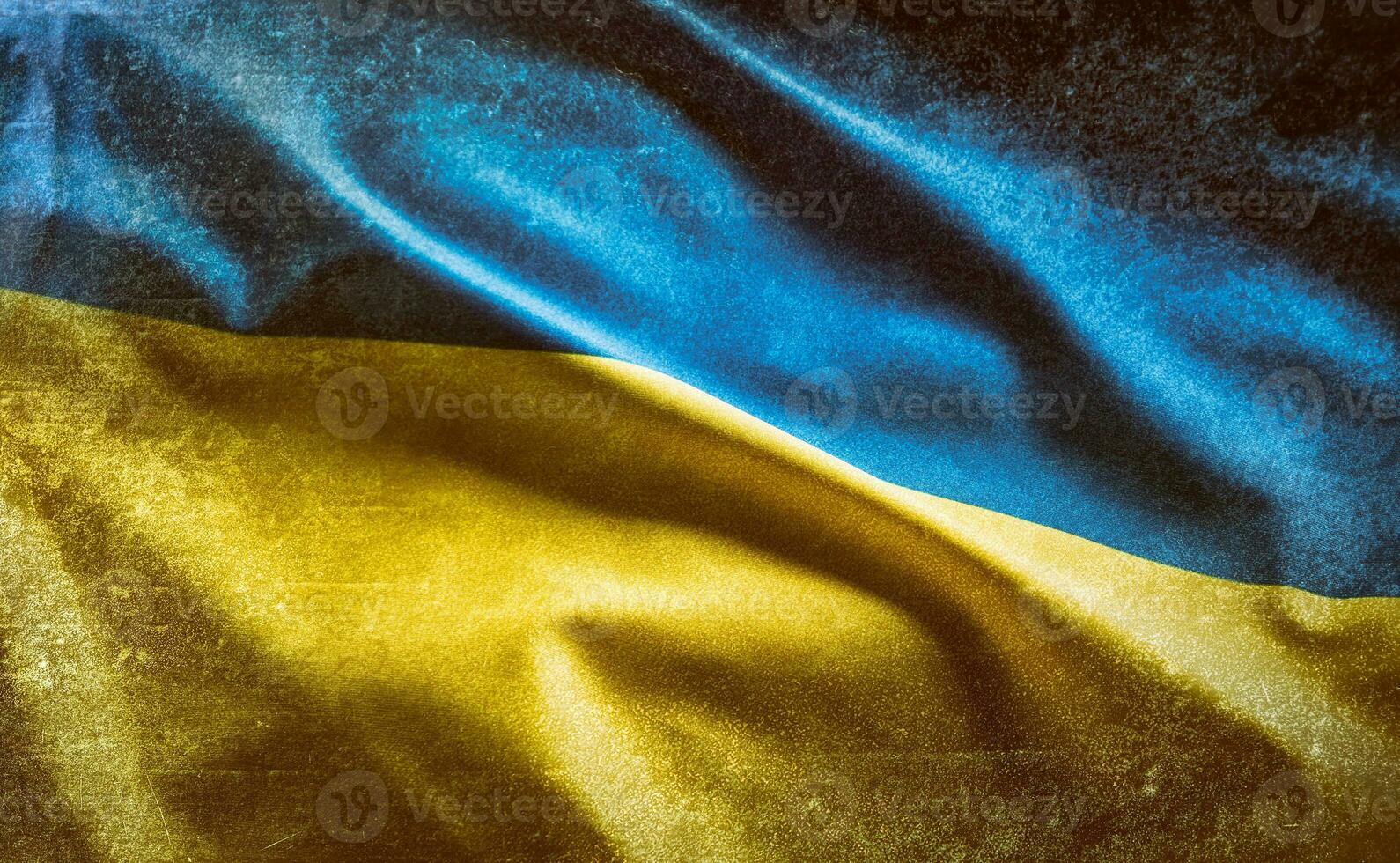 Ukrainian flag with concrete background blowing in the wind photo