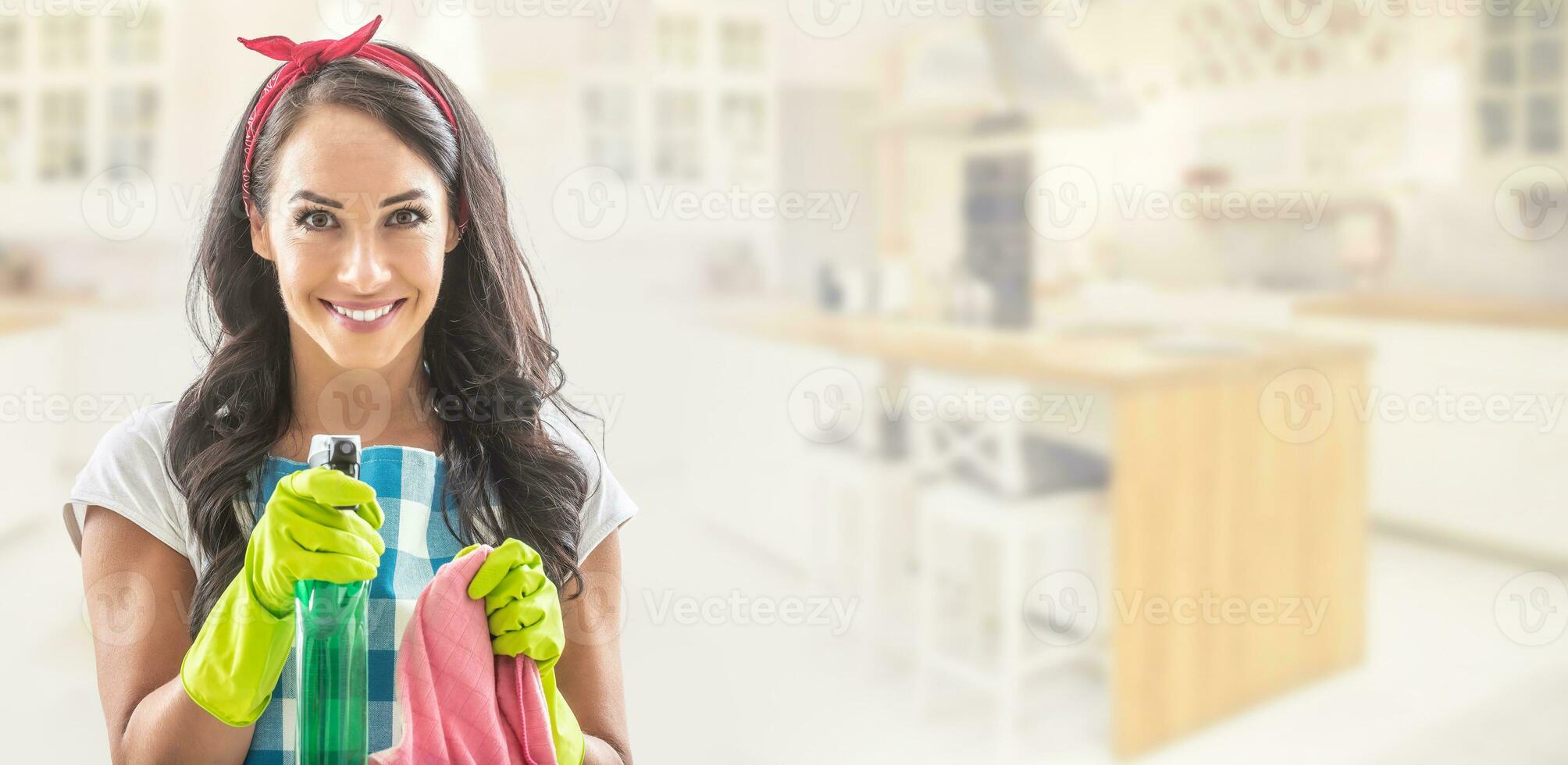 Young housekeeper in the left part of the picture with kitchen in the background, pointing detergent at camera with a cleaning rug in the other hand photo