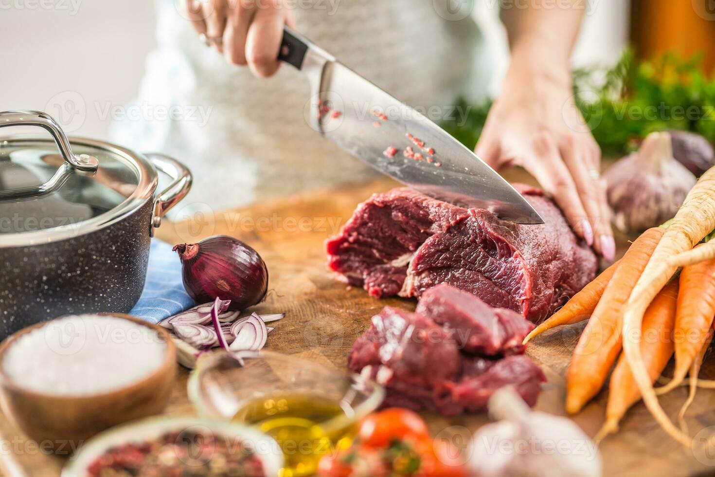 Young housewife slicing fresh beef steak. Female hands preparing lunch of meat and vegetables photo