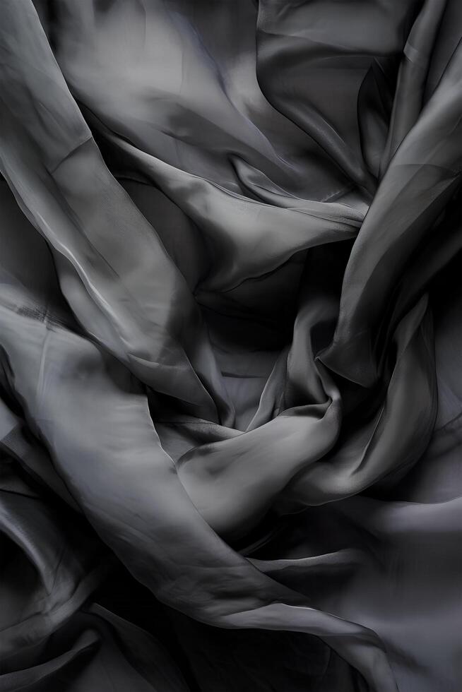 Black transparent background of flowing fabric, in the style of monochrome colors. art photo