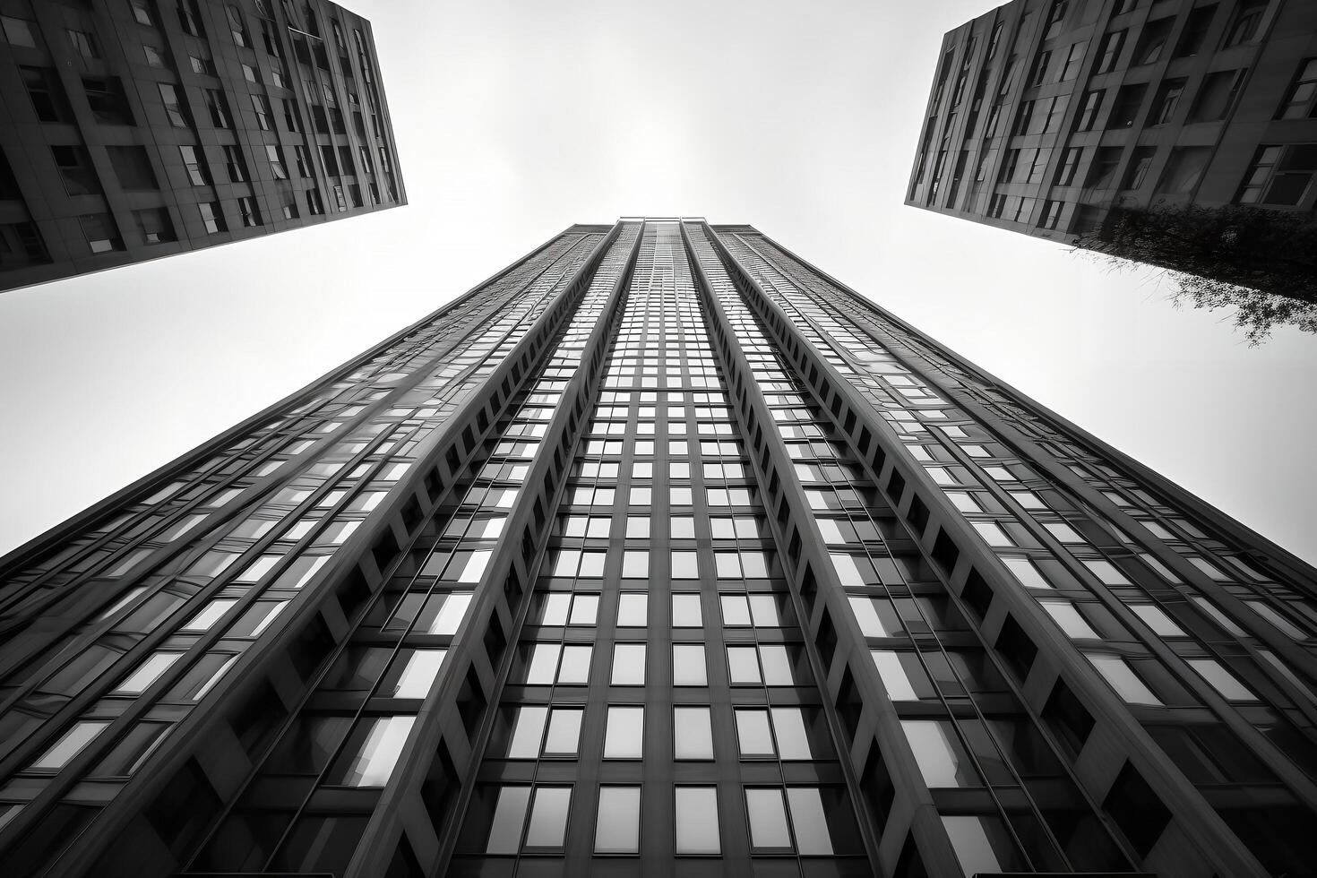 Black and white horizontal photo of the architecture of high-rise buildings. Ai generative art