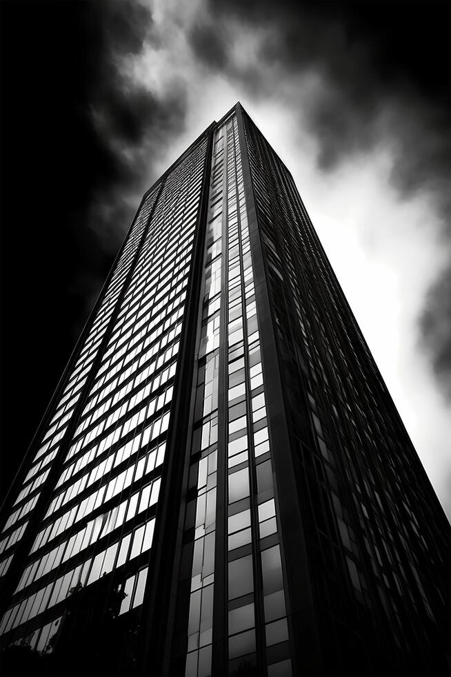 Black and white vertical photo of the architecture of high-rise buildings. Ai generative art