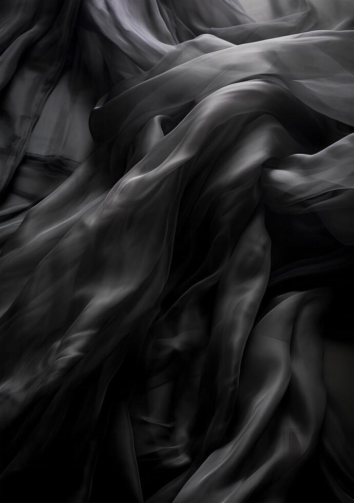 Black transparent background of flowing fabric, in the style of monochrome colors. art photo