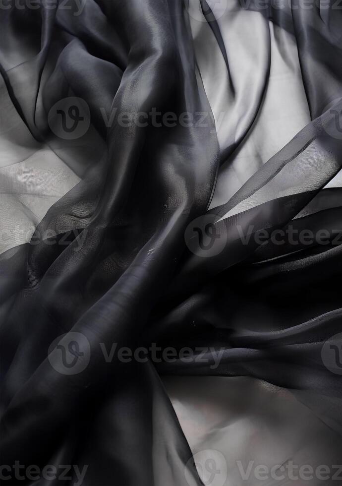 Black transparent background of flowing fabric, in the style of monochrome colors. art photo