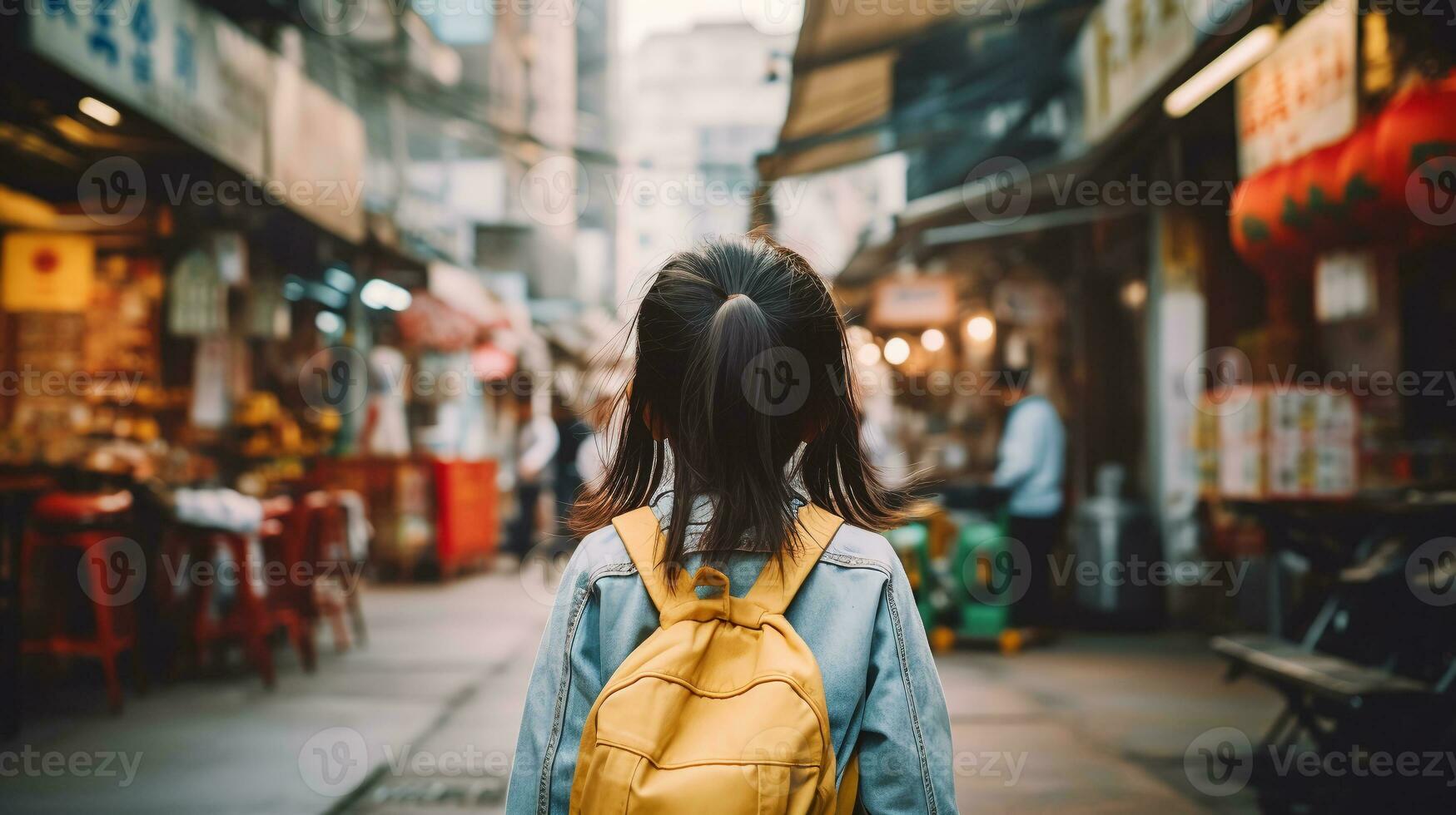 rear view of authentic asian little girl on city streets background. AI generative photo