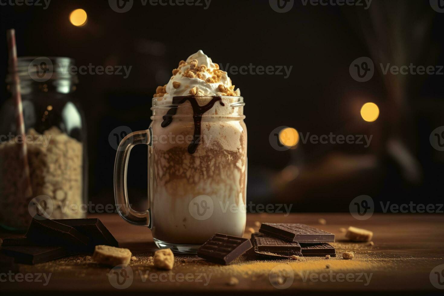 A glass of milk chocolate shake on a wooden table. Summer drink. ai generative photo