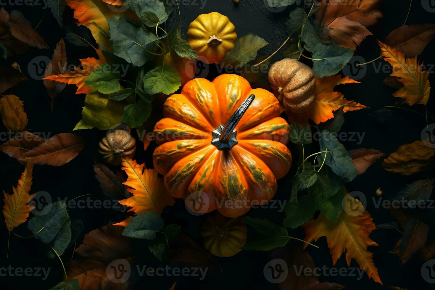 Thanksgiving - themed background with autumn leaves and pumpkins. ai generative photo