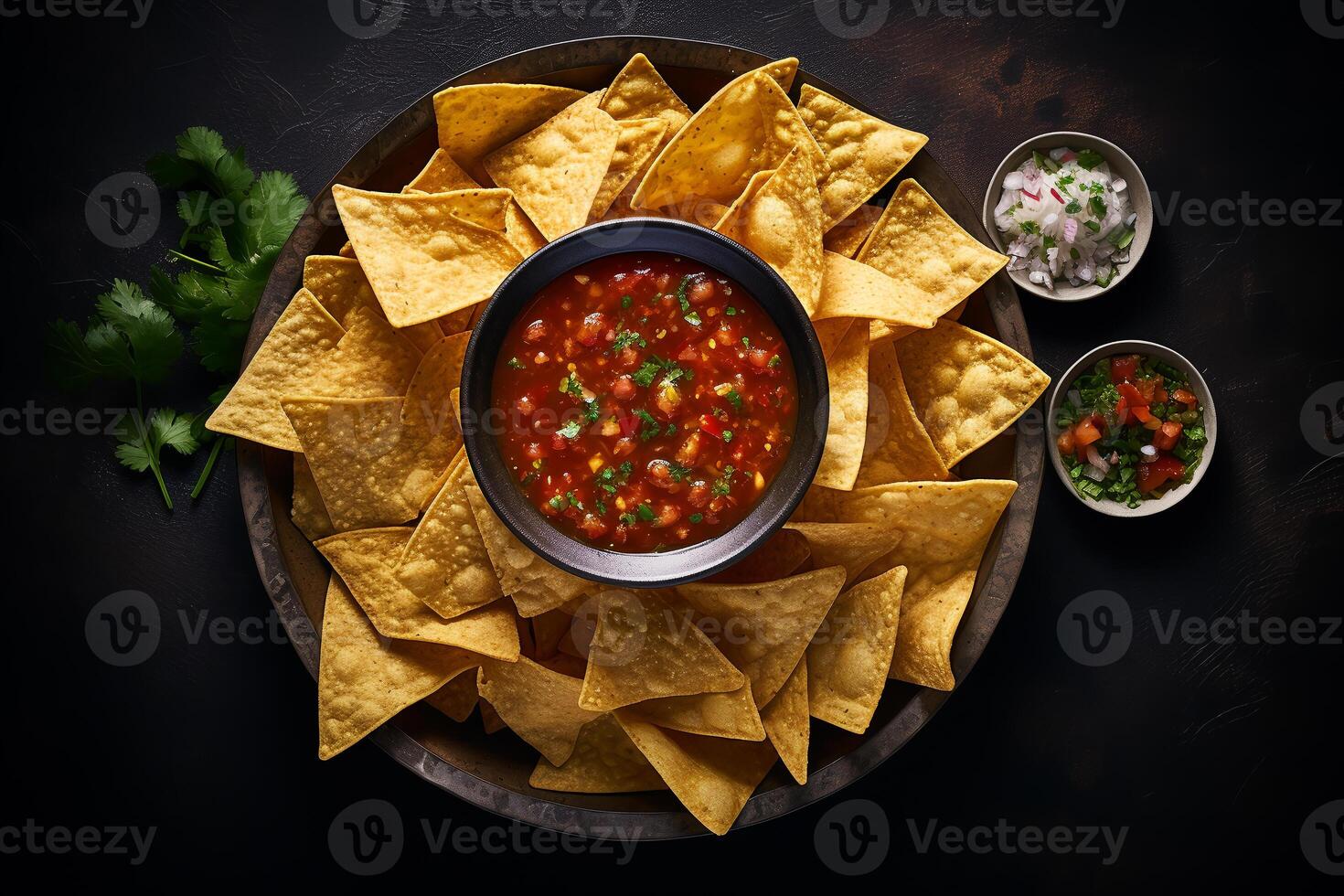 Chips and Salsa, top view, dark background. photo