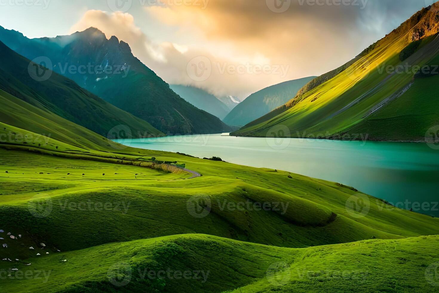 Beautiful green mountain and river photo
