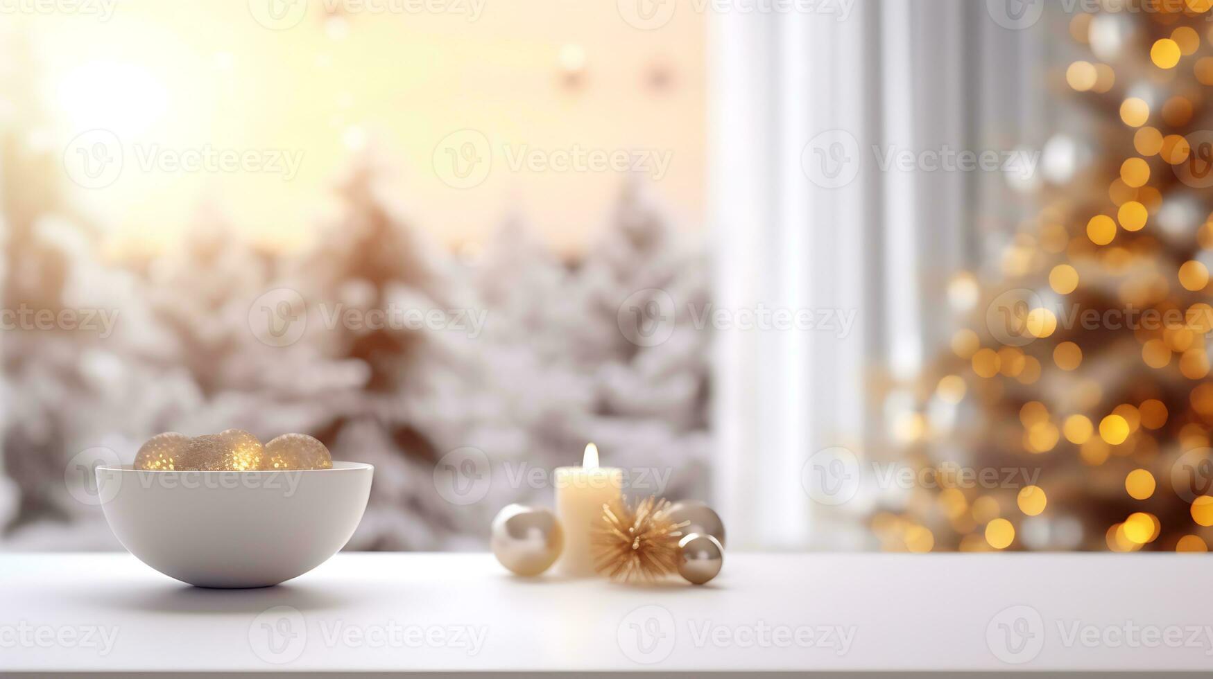 Festive Christmas Mockup Banner Empty White Table Top with Warm Living Room Decor and Snow Holiday Background photo
