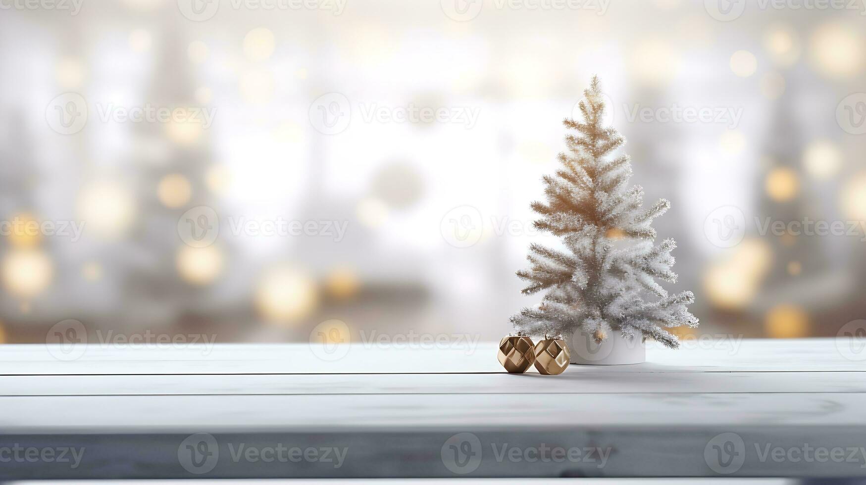 Festive Christmas Mockup Banner Empty White Table Top with Warm Living Room Decor and Snow Holiday Background photo