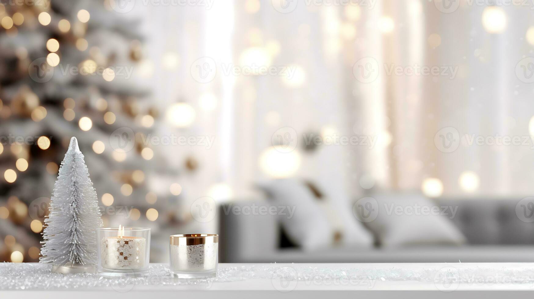 Festive Christmas Mockup Banner Empty White Table Top with Warm Living Room Decor and Snow Holiday Background photo