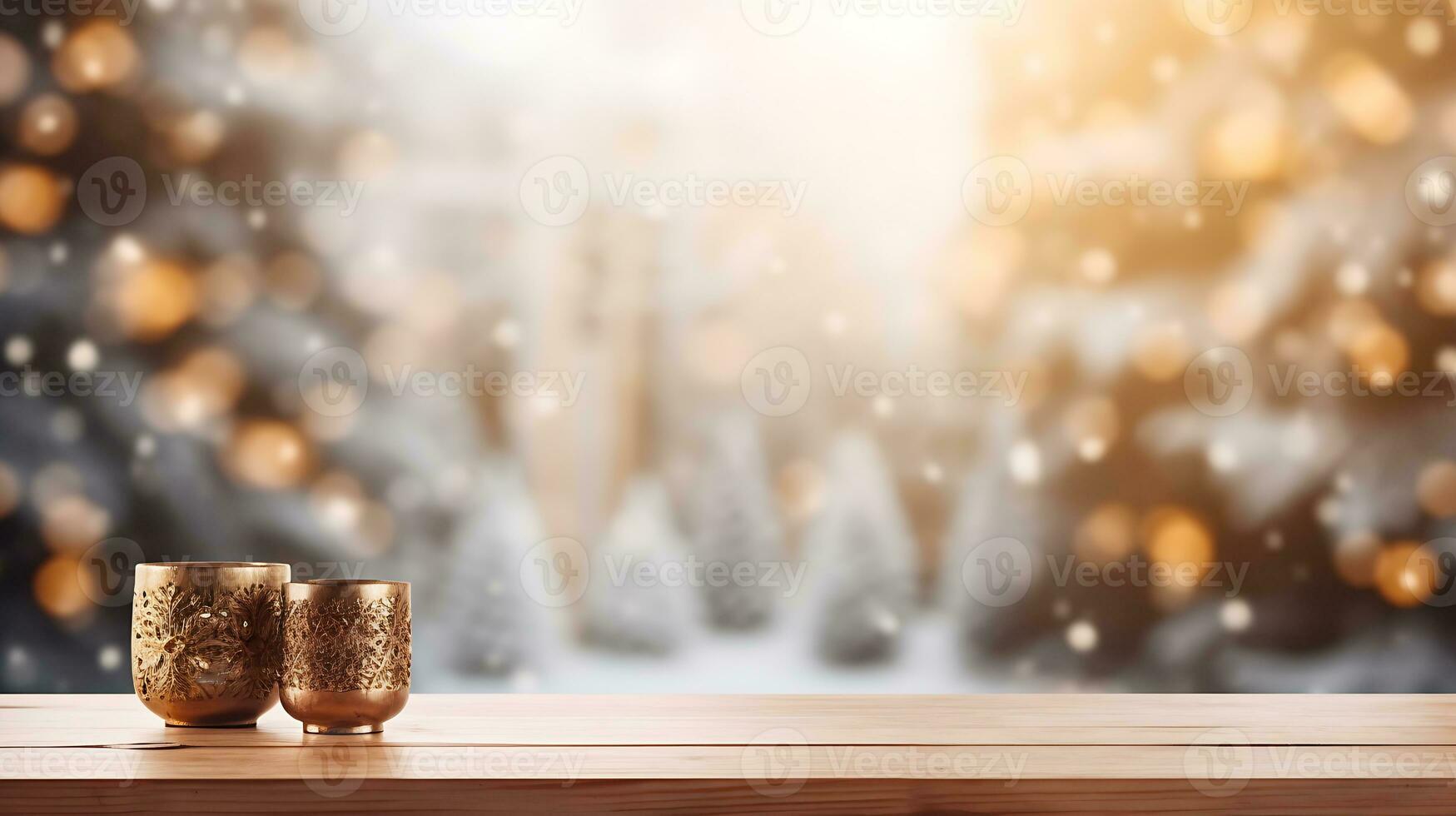 Festive Christmas Mockup Banner Empty White Table Top with Warm Living Room Decor and Snow Holiday Background photo