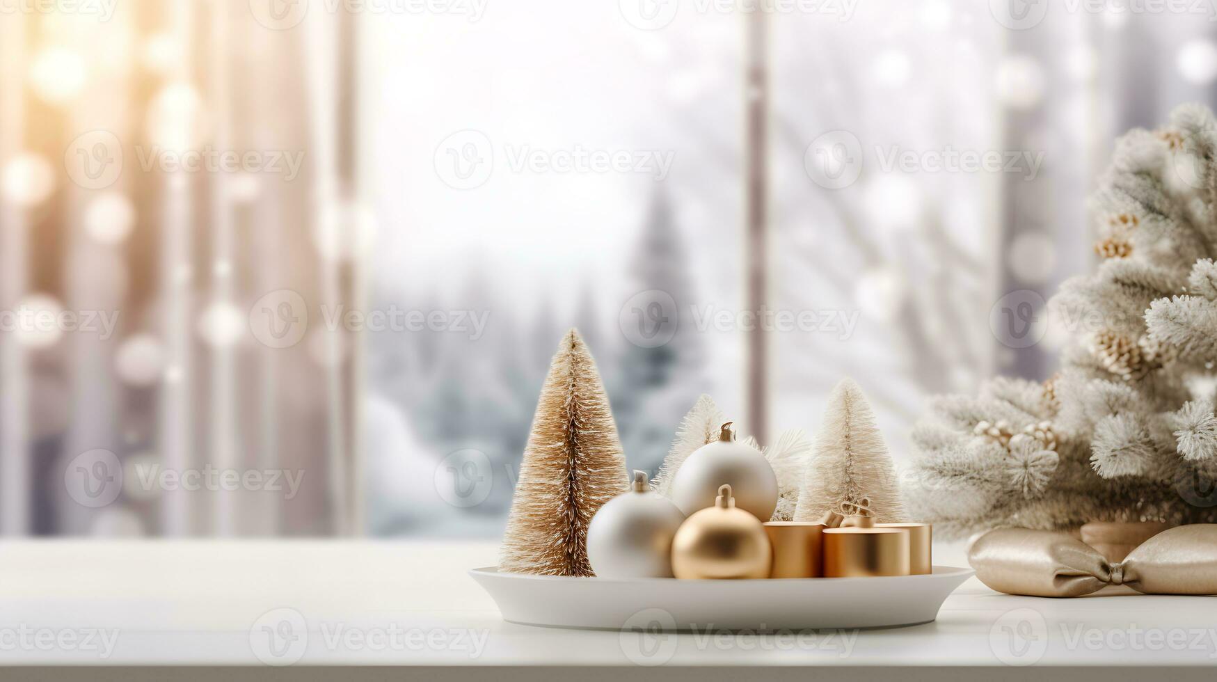 Festive Christmas Mockup Banner Empty White Table Top with Warm Living Room Decor and Snow Holiday Background photo