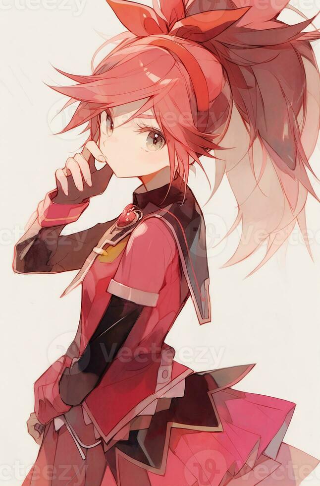 Pretty anime girl with red hair pulled back. Created with Generative AI photo