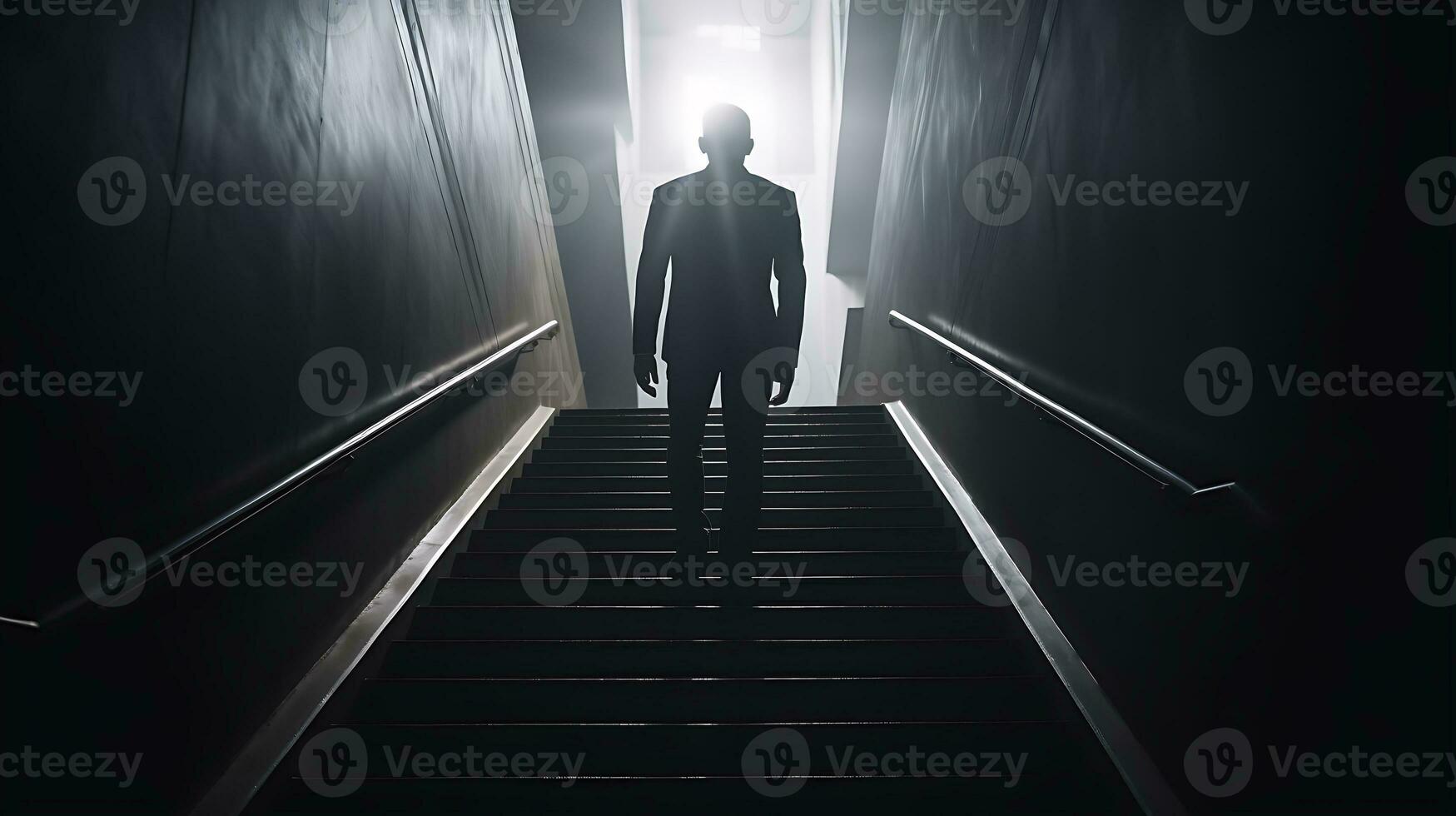 Ambitious Businessman Climbing Stairs to Success Career Path and Future Planning Concept photo