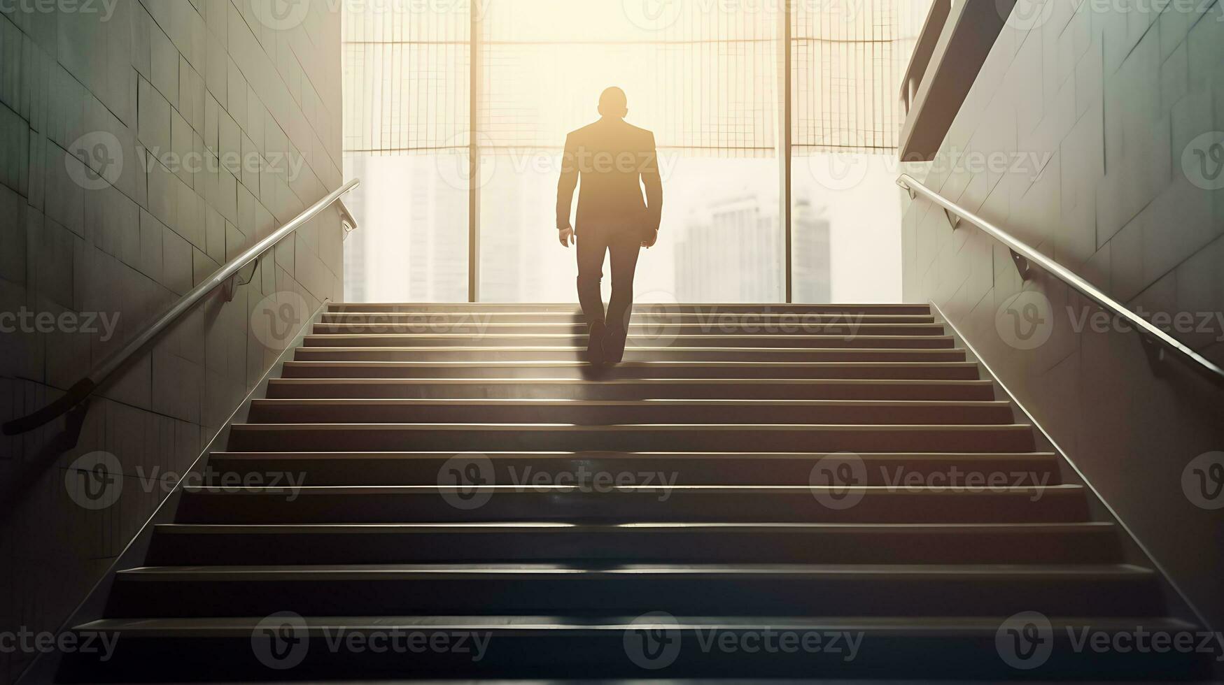 Ambitious Businessman Climbing Stairs to Success Career Path and Future Planning Concept photo