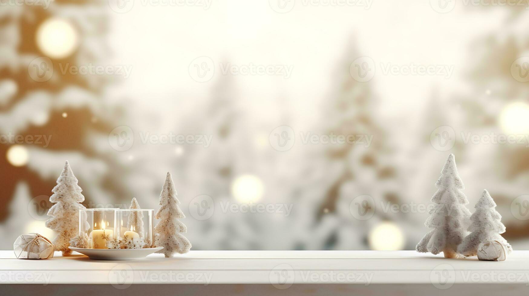 Festive Christmas Mockup Banner Empty White Table Top with Warm Living Room Decor and Snow Holiday Background photo