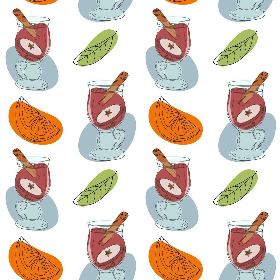 Endless pattern of Mulled wine with cinnamon stick, apple and orange slice, green leaf with spots vector