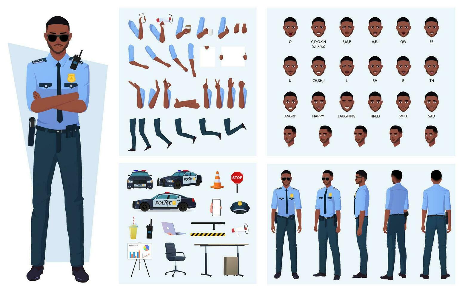 Black Policeman Character Constructor with Lip Sync, Emotions, Character Turnaround, Patrol Car and Gestures Vector File