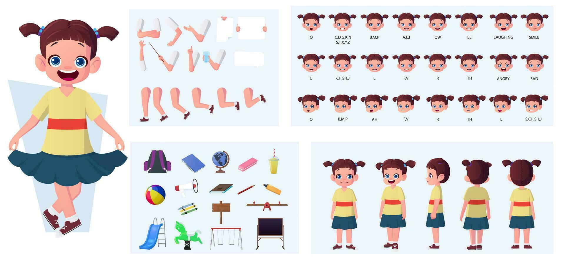 Little Girl Character Creation Pack with Turnaround View. Lip-sync, Emotions, Hand Gestures, Pose and Various School and Playground Items Vector Illustration