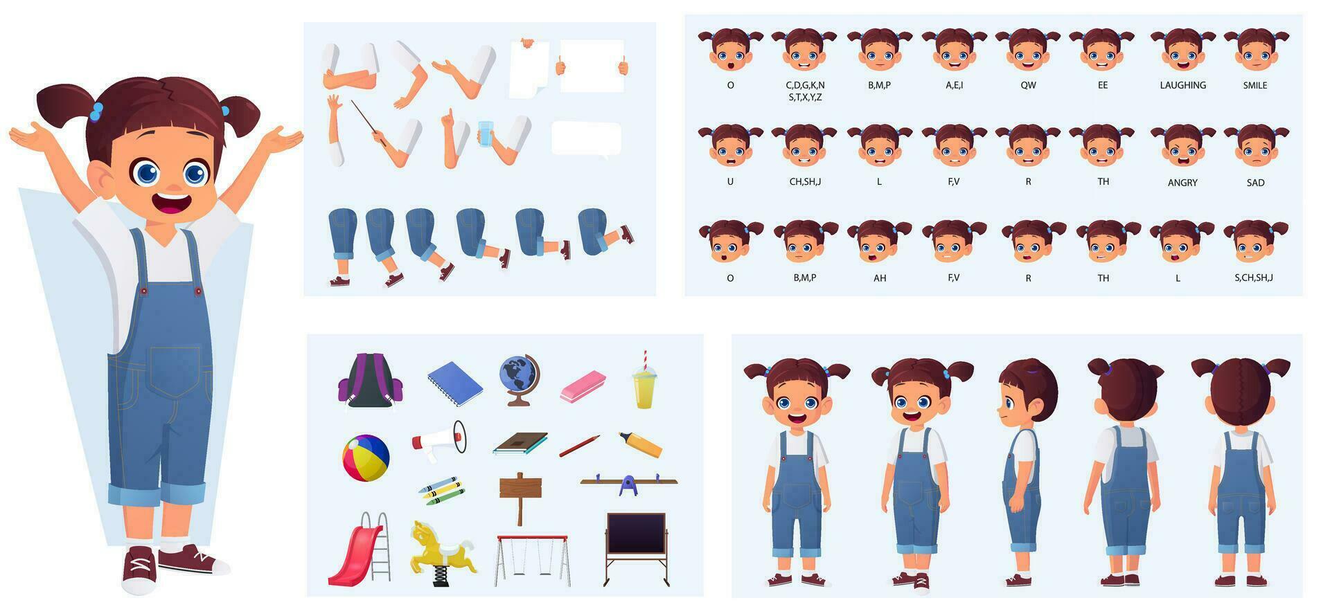 Cartoon Little Girl Character Constructor with Gestures and Emotions. Child Side, Front, Rear View, with Body Parts for Animation and Lip-Sync Vector Illustration.