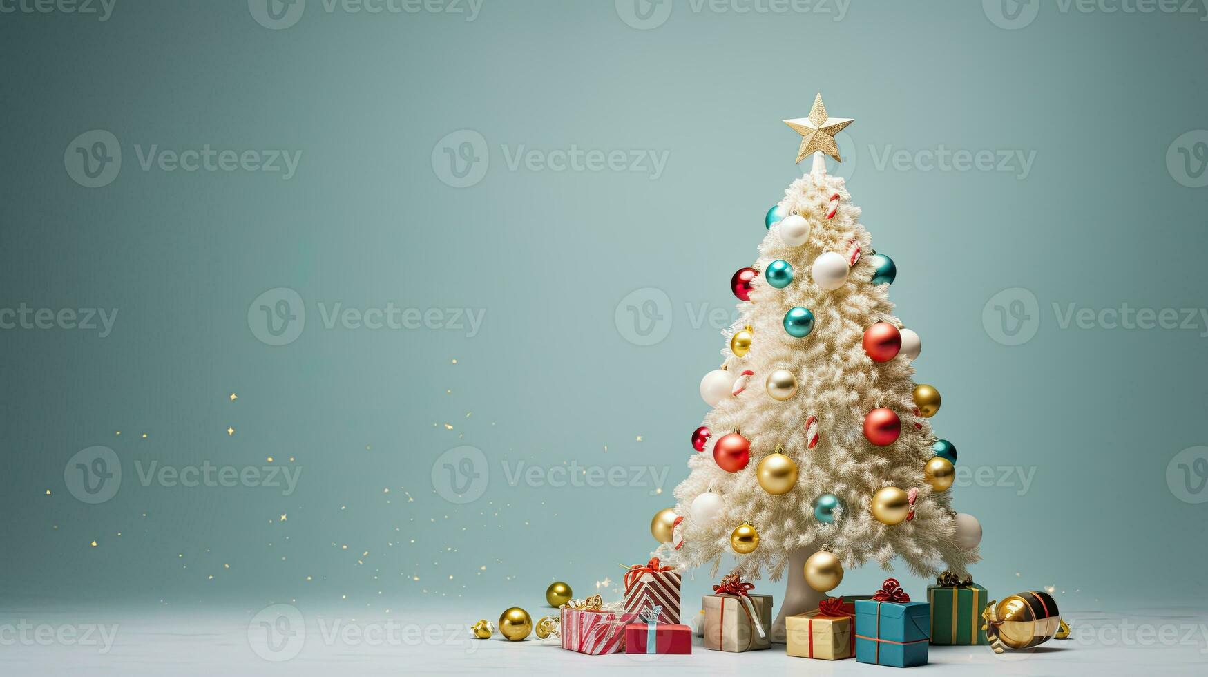 Christmas tree with gifts on the background of a dark gray wall. Space for text. blurred lights. photo