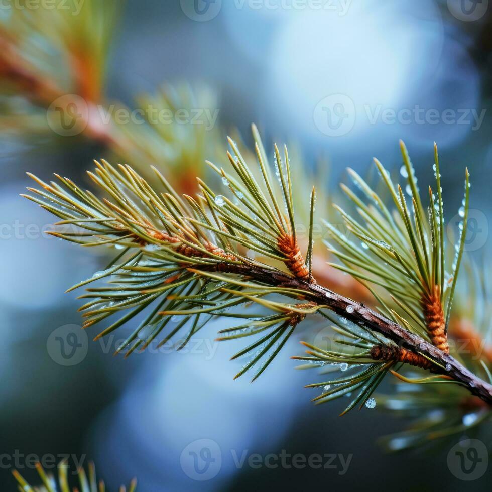 spruce branch with dew drops close-up, shallow depth of field photo