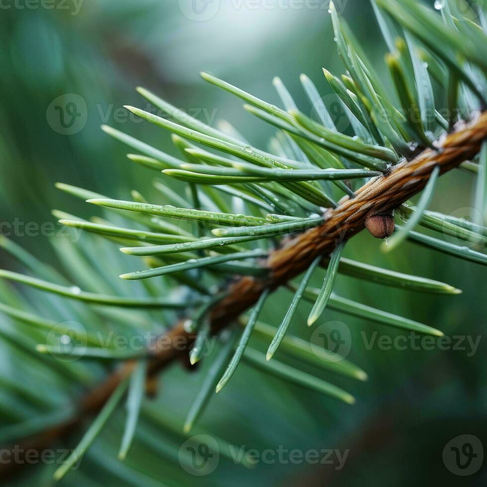 spruce branch with dew drops close-up, shallow depth of field photo