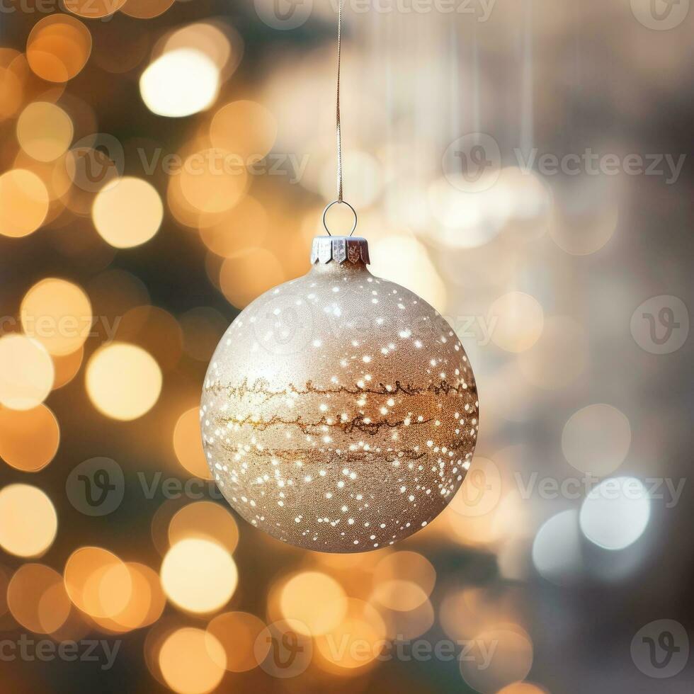 White Christmas toy on pine branch. Snow on the pine branch and on the ball. Sunset light. Soft focus. Blurred lights. photo