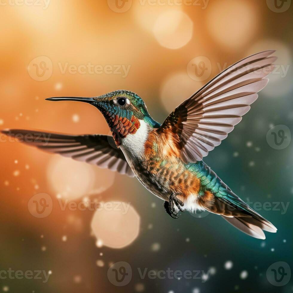 Hummingbird in flight with beautiful flowers in the background. Digital painting stile photo