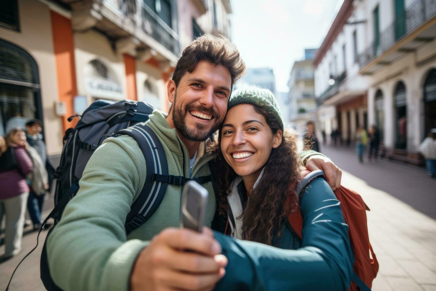 dos viajeros tomando selfie y tomando imágenes foto