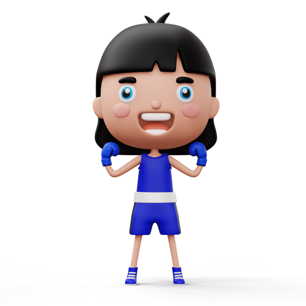 Happy child boxer, fighter girl with boxer glove, kid character, 3d rendering png