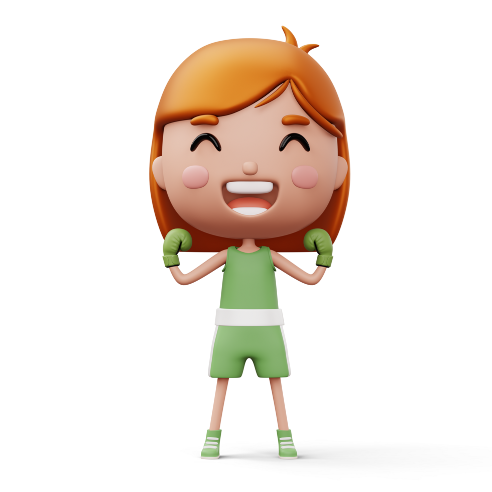 Happy child boxer, fighter girl with boxer glove, kid character, 3d rendering png