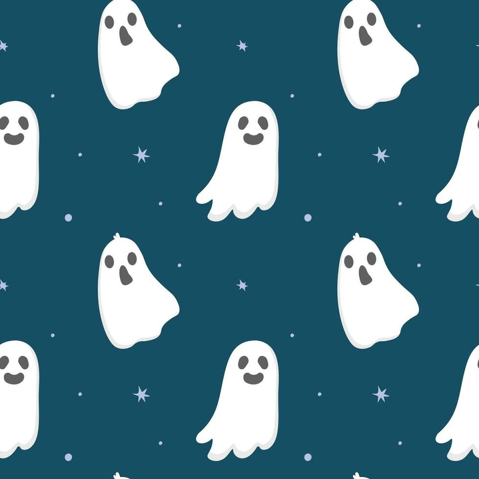 Seamless pattern with cute cartoon ghosts and stars. White ghosts on blue background. Halloween illustration.  Background for wrapping paper, greeting cards and seasonal designs. vector