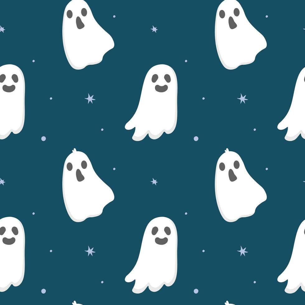 Seamless pattern with cute cartoon ghosts and stars. White ghosts on blue background. Halloween illustration.  Background for wrapping paper, greeting cards and seasonal designs. vector