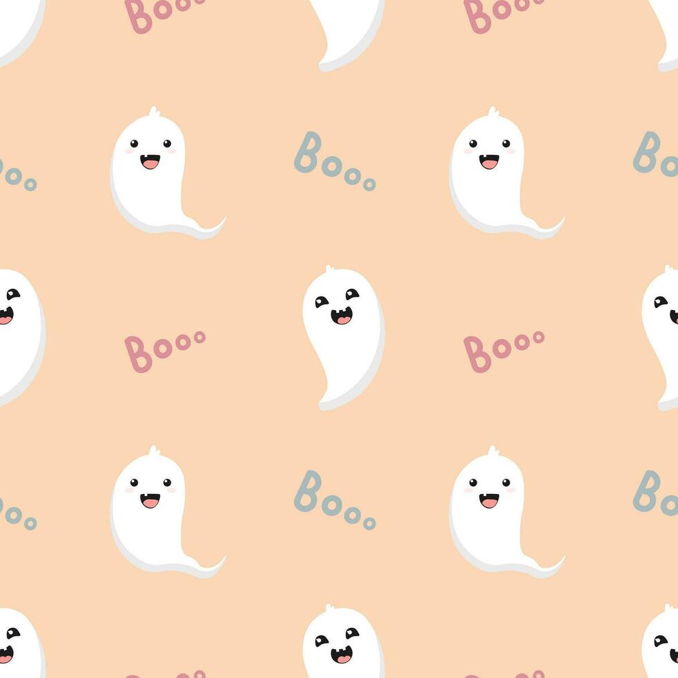 Seamless pattern with cute cartoon ghosts. White ghosts on pink background. Halloween illustration.  Background for wrapping paper, greeting cards and seasonal designs. vector