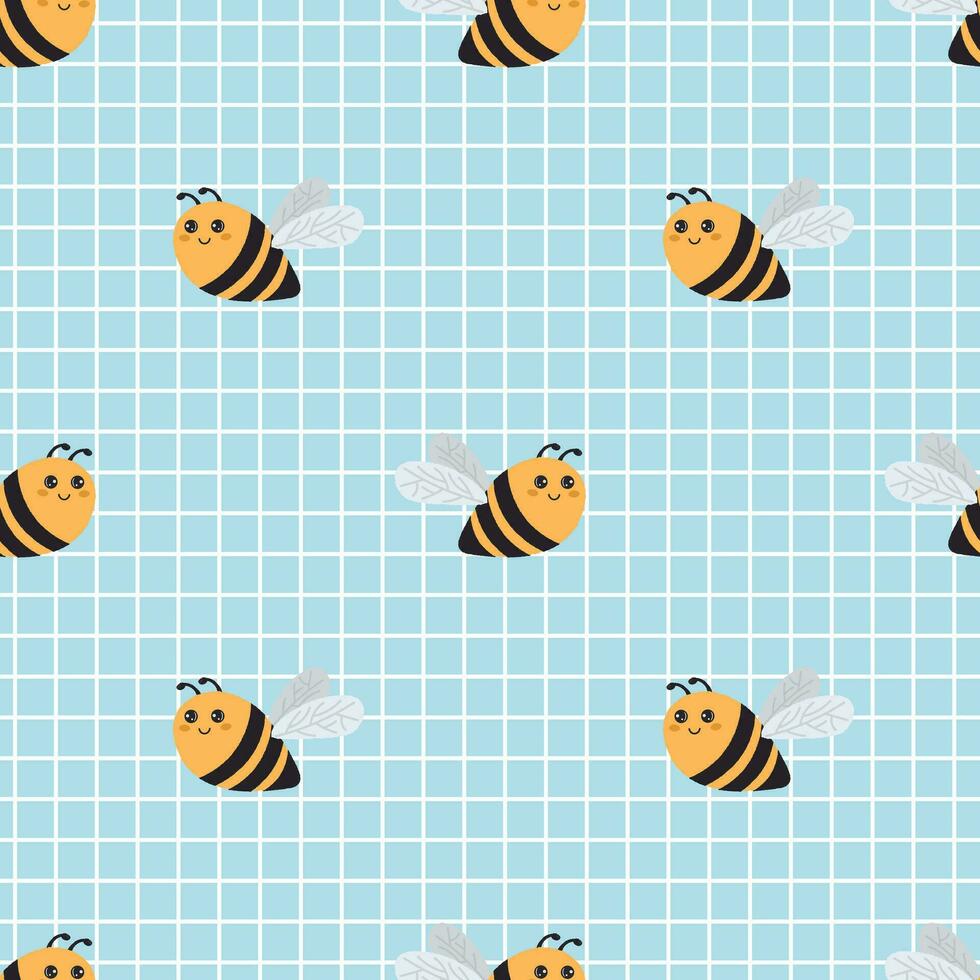 Cute pattern with bee on blue checkered background. Vector seamless texture for kids fabric, wrapping paper, design.
