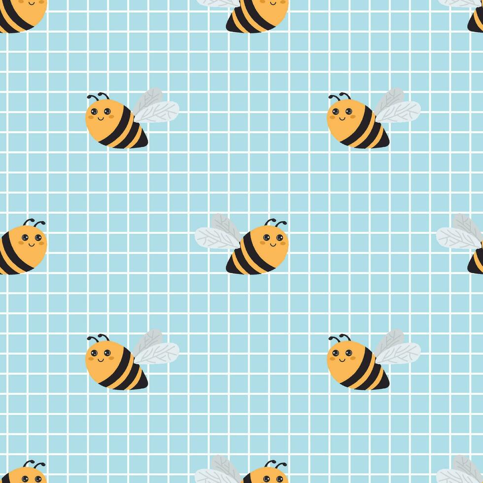 Cute pattern with bee on blue checkered background. Vector seamless texture for kids fabric, wrapping paper, design.