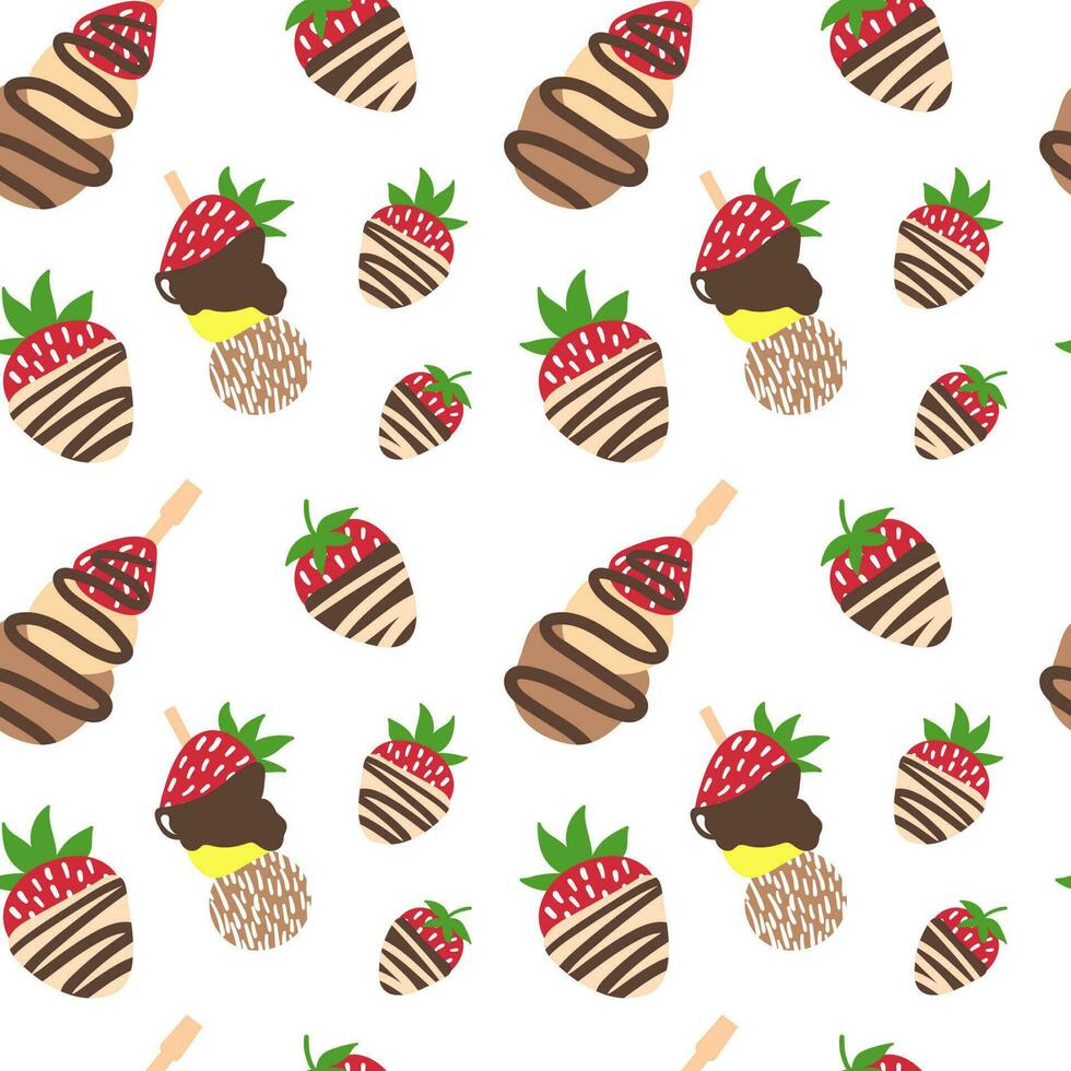 Cute pastel coloured seamless pattern with sweets. Vector tasty candy pattern. Strawberry in chocolate, strawberry canape.