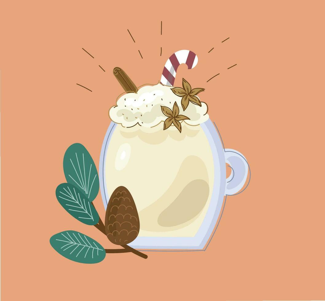 Cup with eggnog drink, cinnamon and egg. Flat design for card or banner. vector