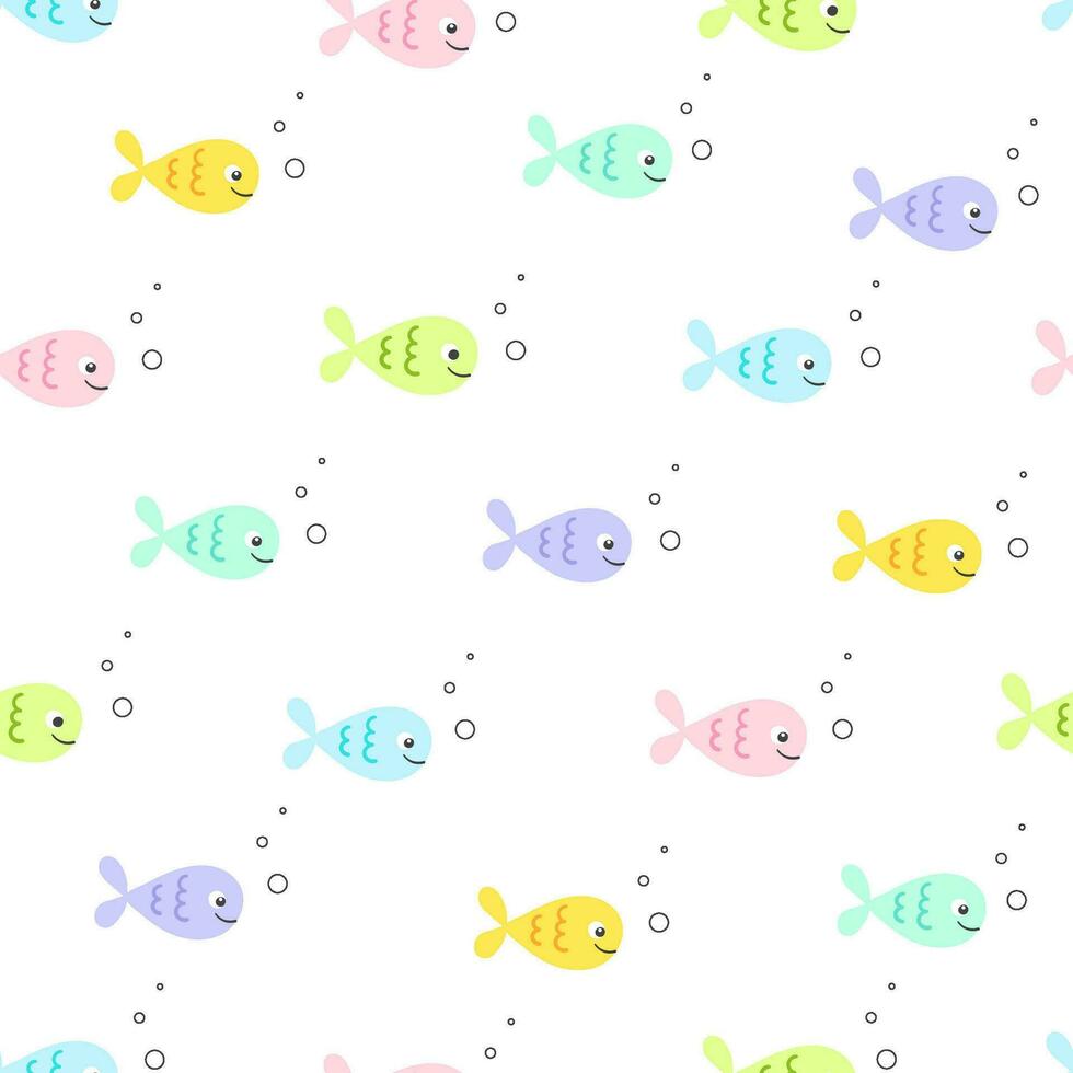 Cute colorful fishes vector seamless pattern. Sea life childish flat cartoon background.